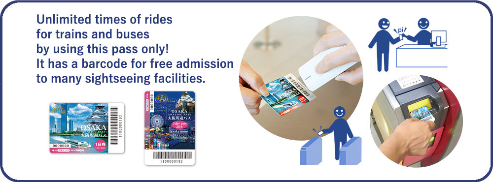 Unlimited times of rides for trains and buses by using this one only!  It has a barcode for free admission to many sightseeing facilities.