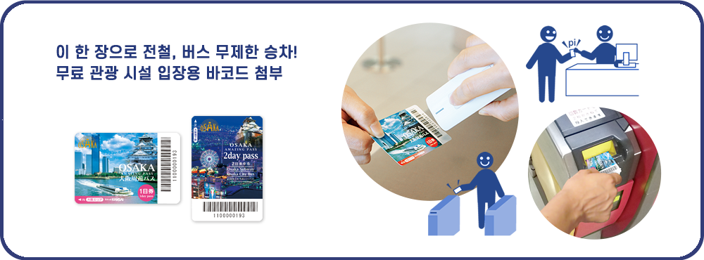 한 장으로 전철, 버스 무제한 승차!무료 관광 시설 입장용 바코드 첨부